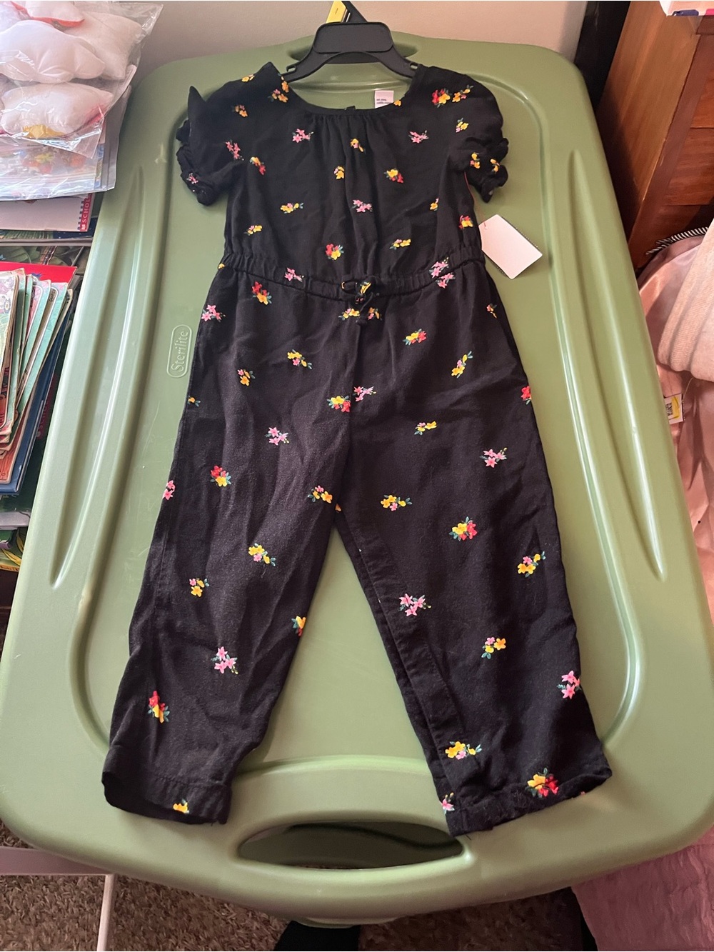 Old Navy Black Jumpsuit with Pink and Yellow Floral Embroidery